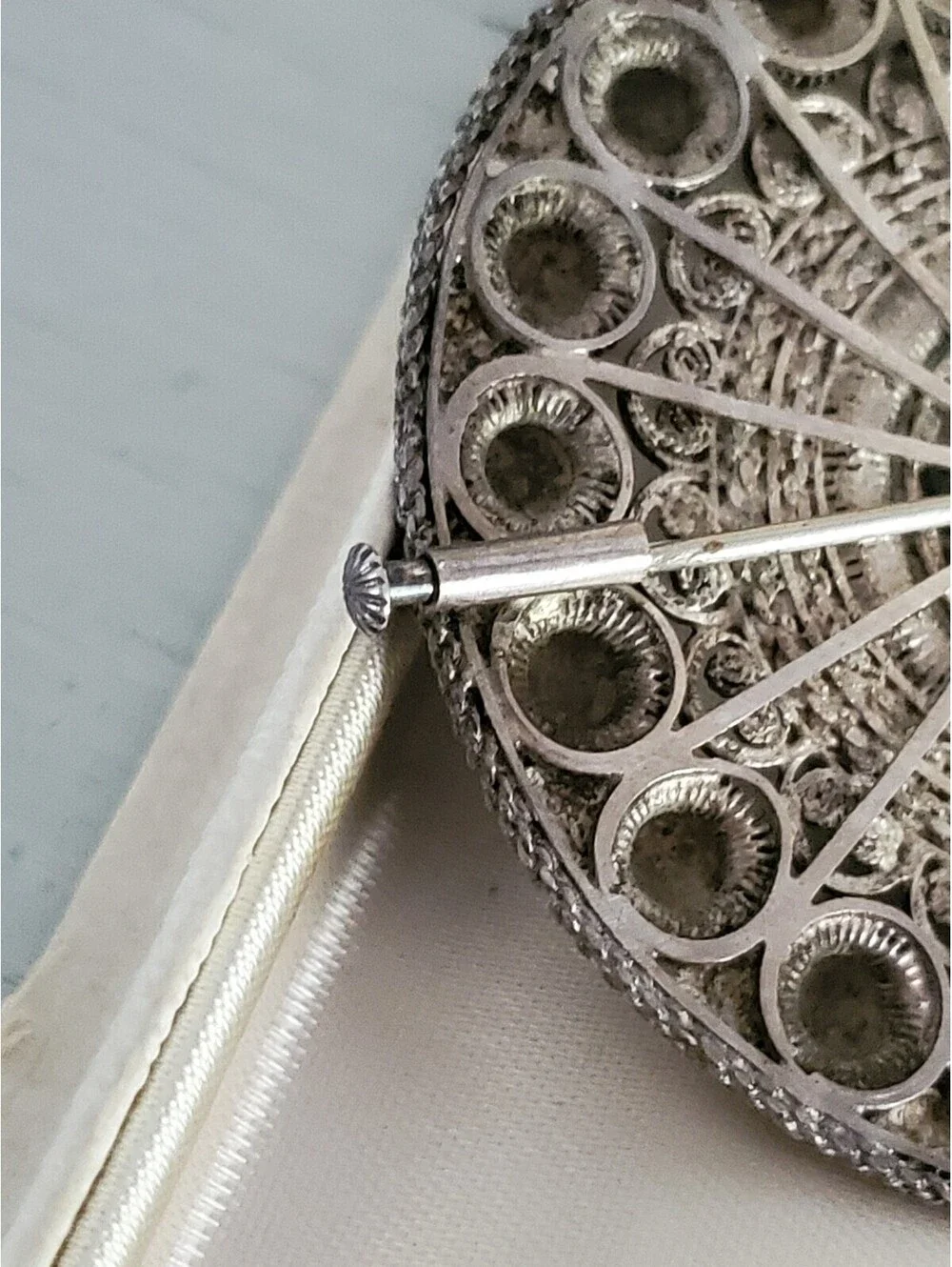 Antique Dutch Silver-Filigree Traditional Button Brooch with Trombone Clasp